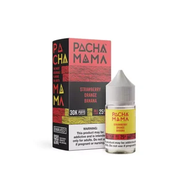 Pacha Mama Strawberry Orange Banana vape juice bottle next to its branded box with warning label.