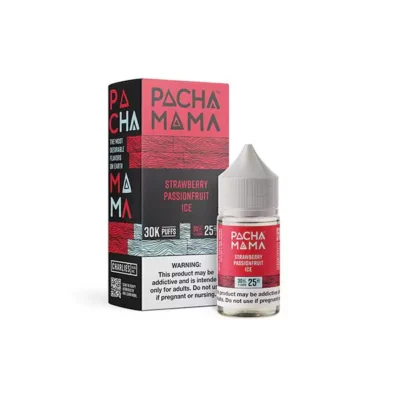 Pacha Mama Strawberry Passionfruit Ice vape juice bottle and box with 30k puffs label.