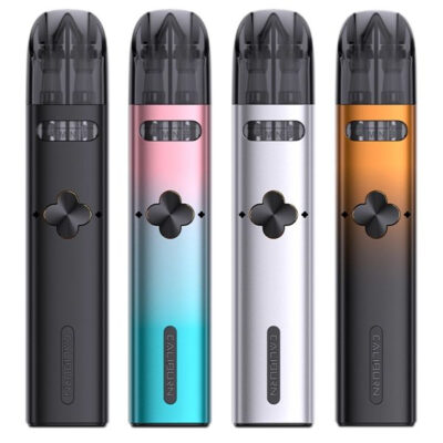 Four Uwell Caliburn Explorer pod kits in black, pink-blue gradient, silver, and orange, each with a clover-shaped window.