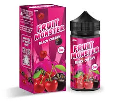 Fruit Monster Black Cherry vape juice bottle and box, featuring vibrant cherry graphics and 0mg nicotine label.