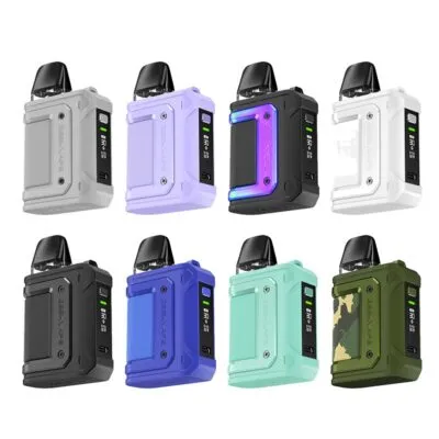 Eight Geek Vape Aegis Hero Q-1 devices in various colors, including black, purple, blue, white, and camouflage.