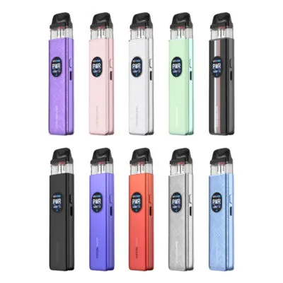 Ten Vaporesso XROS 5 vape kits in assorted colors, arranged in two rows, featuring sleek designs and an LED display.