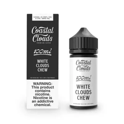 "Coastal Clouds White Clouds Chew vape juice bottle with warning label about nicotine content."