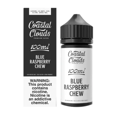 Coastal Clouds Blue Raspberry Chew vape juice bottle and box, 100ml, with nicotine warning label.