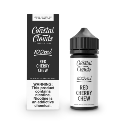 Coastal Clouds Red Cherry Chew e-juice bottle beside its packaging with warning label.