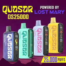 Four Lost Mary Quasar OS25000 vape devices in purple, teal, pink, and yellow, each featuring a screen.