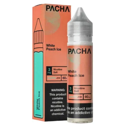 Pacha White Peach Ice e-liquid bottle and packaging, 3mg nicotine strength.