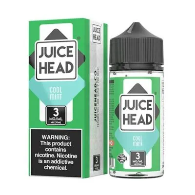 Juice Head Cool Mint e-liquid bottle and box with 3 mg/ml nicotine warning.
