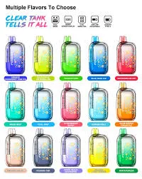 Various colorful vape devices displayed with flavor labels and icons indicating features.
