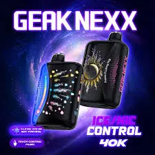 Two Geak Nexx vapes with colorful designs and touch control features on a cosmic-themed background.