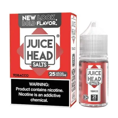 Juice Head Salts bottle and box with tobacco flavor, 25 mg/ml nicotine warning label.