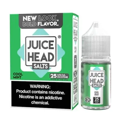 Bottle and box of Juice Head Salts Cool Mint with 25mg nicotine warning label.