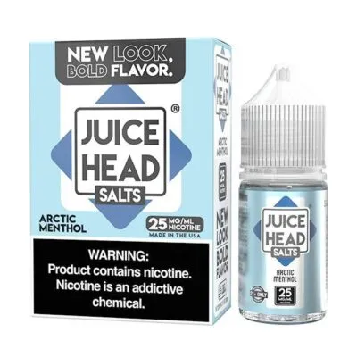 Juice Head Salts Arctic Menthol e-liquid bottle and box, 25 mg/ml nicotine warning label visible.