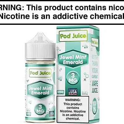Jewel Mint Emerald by Pod Juice, 100ml bottle and packaging, nicotine warning displayed.