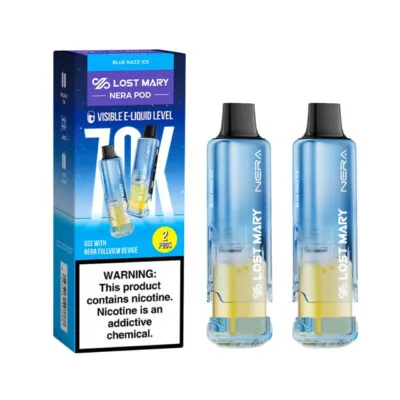 Lost Mary Nera Fullview 70K Pods in Blue Razz Ice flavor, 2-pack box with nicotine warning.