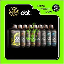 Various flavors of DOT e-liquid bottles displayed in a row on a neon green background.
