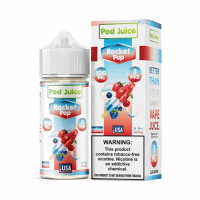 Pod Juice Rocket Pop e-juice 100ml bottle and box with red, white, and blue popsicle design and nicotine warning label.