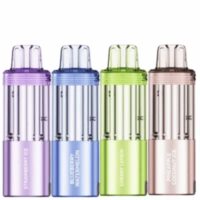 Four colorful vape pens labeled Strawberry Ice, Blueberry Watermelon, Cherry Lemon, and Pineapple Coconut Ice.