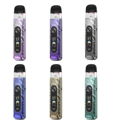 Six Smok Novo 6 devices in purple, black, gold, and green, each featuring a color display screen showing settings.