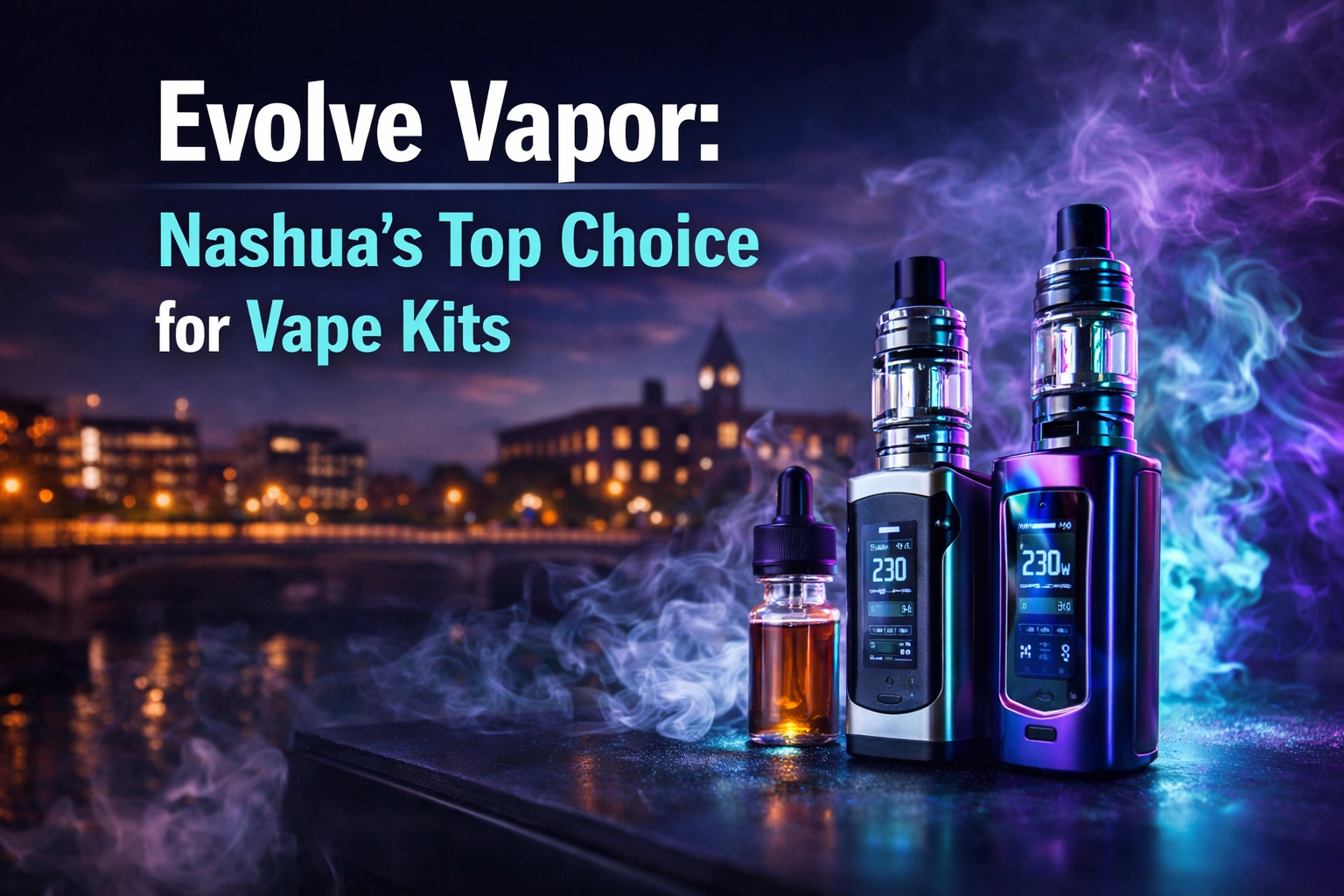 Two vape kits and e-liquid bottle on a misty table with city lights in the background.