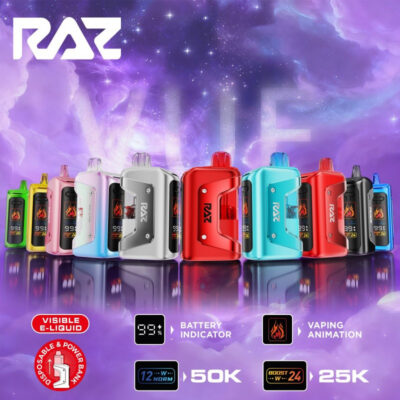 RAZ VUE 50K full vape kit lineup with colorful devices, battery indicator, e-liquid visibility, and vaping animation icons.