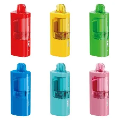 Six colorful RAZ Vue 50K vape pods, arranged in two rows: red, yellow, green, blue, cyan, and pink.