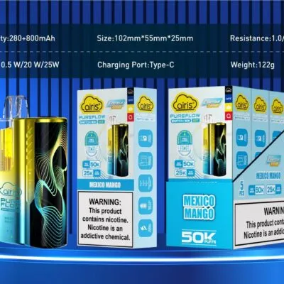 Airis-Pureflow Mexico Mango disposable vape packs on a lit platform, featuring specs and nicotine warning.