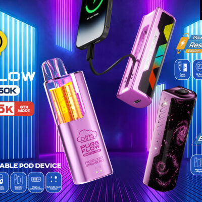 Airis PureFlow Switch 50K disposable pods featuring vibrant colors and multiple features, including power and essential modes.