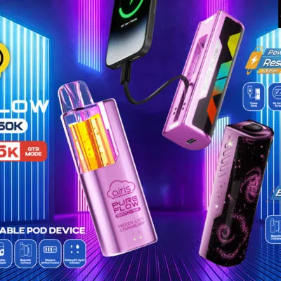 Airis PureFlow Switch 50K disposable pods featuring vibrant colors and multiple features, including power and essential modes.