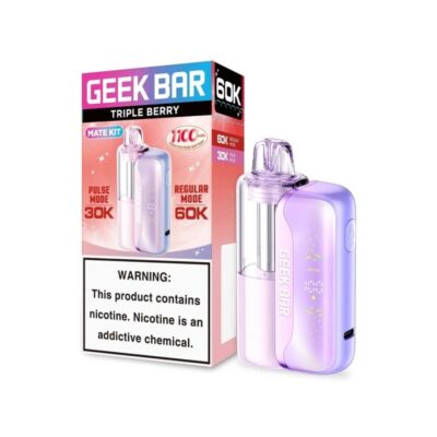 Geek Bar 60K kit in triple berry flavor with packaging, showing nicotine warning.