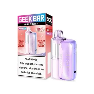 Geek Bar 60K kit in triple berry flavor with packaging, showing nicotine warning.