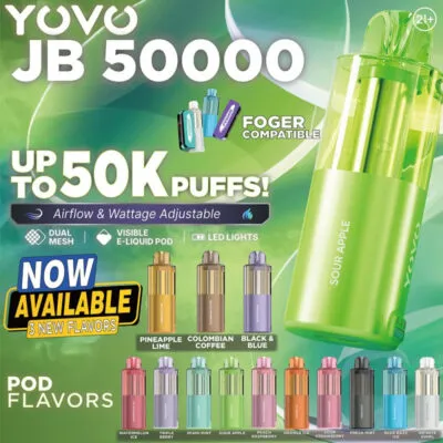 Yovo JB50000 pod flavors, now with Pineapple Lime, Colombian Coffee, Black & Blue; adjustable, foger compatible.