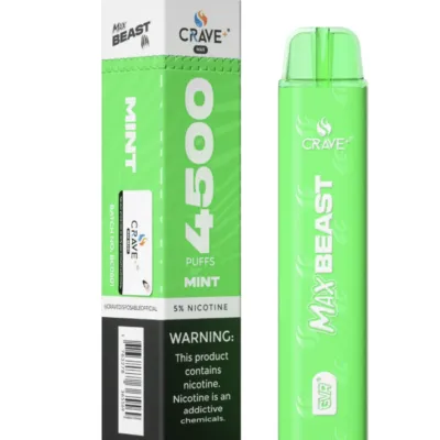 Crave Max Beast Mint vape with box, 4500 puffs, 5% nicotine. Warning label included.
