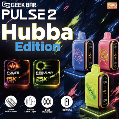 Geek Bar Pulse 2 Hubba Edition in various colors with features: 15K puffs, 25K puffs, 800mAh, dome full screen.
