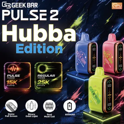 Geek Bar Pulse 2 Hubba Edition in various colors with features: 15K puffs, 25K puffs, 800mAh, dome full screen.